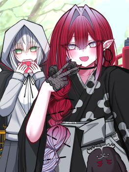 2girls absurdres add_(fate) baobhan_sith_(fate) baobhan_sith_(over_the_same_sky)_(fate) birdcage black_kimono blush breasts cage cernunnos_(fate) cube earrings eating fate/grand_order fate_(series) floral_print food gray_(fate) gray_(over_the_same_sky)_(fate) green_eyes grey_eyes grey_hair grey_hakama grey_sweater hakama hakama_skirt highres hood hooded_sweater japanese_clothes jewelry kimono long_hair long_sleeves looking_at_viewer mcpc_zamurai medium_breasts multiple_girls obi open_mouth pink_hair pointy_ears sash sidelocks skirt small_breasts smile solo stuffed_toy sweater wide_sleeves