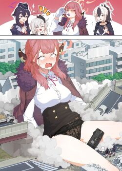 4girls aru_(blue_archive) black_footwear black_hoodie black_panties blue_archive breasts brown_jacket building bush car city destruction drinking flying_sweatdrops fur_collar garrison_cap giant giantess gloves growth hair_ornament hairclip halo haruka_(blue_archive) hat highres hood hoodie horns jacket kayoko_(blue_archive) kei_truck long_hair medium_breasts medium_hair motor_vehicle multicolored_hair multiple_girls mutsuki_(blue_archive) okubyouha55 open_mouth overpass panties ponytail potion problem_solver_68_(blue_archive) purple_eyes purple_hair purple_halo red_eyes red_hair red_halo red_skirt shirt short_hair side_ponytail sidelocks single_wing skirt truck two-tone_hair underwear wavy_mouth white_eyes white_gloves white_hair white_halo white_shirt wings