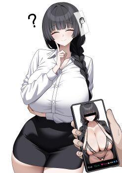 1girl ? absurdres arm_under_breasts bar_censor black_coat black_hair black_skirt blue_archive blunt_bangs borrowed_character bra braid breasts cellphone censored cleavage closed_eyes coat collared_shirt crotchless crotchless_panties cupless_bra curvy dress_shirt female_sensei_(blue_archive) female_sensei_(blue_archive)_(xipa) finger_to_cheek grin hair_over_shoulder highres holding holding_phone huge_breasts index_finger_raised lace long_hair looking_at_viewer miniskirt navel necktie open_clothes open_coat panties paper_on_head phone sensei_(blue_archive) shirt shirt_tucked_in simple_background single_braid skirt smartphone smile solo_focus tewaki twitter underwear white_background white_shirt
