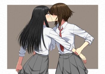 2girls black_hair border brown_background brown_hair collared_shirt commentary_request grey_eyes grey_skirt hand_on_another's_waist highres holding_another's_arm kiss long_hair multiple_girls necktie original pleated_skirt red_necktie ryuusa school_uniform shirt short_hair skirt white_border white_shirt yuri