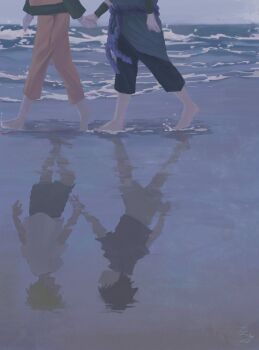 2boys barefoot beach black_hair black_pants black_shirt black_shorts blonde_hair different_reflection highres holding_hands jenmushroom looking_at_another male_focus multiple_boys naruto_(series) naruto_shippuuden ocean orange_pants pants reflection rope_belt shirt short_hair shorts uchiha_sasuke uzumaki_naruto walking white_shirt white_shorts yaoi
