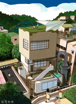 2girls bag baseball_cap blue_pants boots brown_boots building chinese_commentary cloud commentary_request cup day grass hat house industrial_pipe jiemoxia making_paper_airplane multiple_girls on_rooftop original outdoors oversized_clothes oversized_shirt pants paper_airplane plant potted_plant railing red_bag red_hat running scenery shirt shoes shoulder_bag sitting sky standing t-shirt teacup throwing tree very_wide_shot white_shirt white_shoes