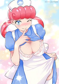 1girl ;) absurdres apron apron_lift blue_dress blue_eyes blush bra breasts buttons closed_mouth clothes_lift collared_dress dress eiko_(ecchihunter) eyelashes finger_to_mouth hair_rings hand_up hat highres joy_(pokemon) long_hair mixed-language_commentary nintendo one_eye_closed patreon_username pink_hair pokemon pokemon_(anime) pokemon_(classic_anime) smile solo sparkle thighhighs underwear watermark white_apron white_bra white_hat white_thighhighs