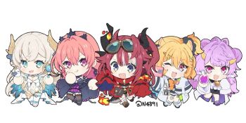 5girls :q animal_ears bandaid bandaid_on_leg bell bird black_dress black_horns black_thighhighs blonde_hair blue_eyes bow breasts brown_footwear center_opening chibi coat cow_girl cow_horns dragon_girl dress eimi_isami fire goggles goggles_on_head grey_hair hair_ornament hamster_ears hamster_girl high-low_skirt hikanari_hina horns jacket lab_coat lineup long_hair long_sleeves medium_breasts multicolored_hair multiple_girls muu_muyu n4391 navel neck_bell one_eye_closed open_mouth orange_bow phase_connect phase_euphoria phone pink_eyes pink_hair potion purple_eyes purple_footwear purple_hair red_hair red_jacket runie_ruse saya_sairroxs selfie sleeves_past_fingers sleeves_past_wrists streaked_hair thighhighs tiara tongue tongue_out twitter_username vial virtual_youtuber white_coat white_hair white_thighhighs wing_hair_ornament