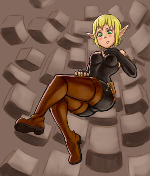 Rule 34 | 1girl, ankama, bare shoulders, blonde hair, blush, bodysuit, boots, breasts, cra (wakfu), cra f, elbow gloves, elf, evangelyne (wakfu), female focus, fingerless gloves, gloves, green eyes, invisible chair, pointy ears, rich s, short hair, sitting, skin tight, solo, thigh boots, thighhighs, wakfu