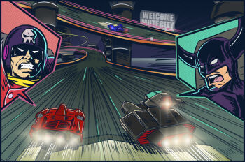 2boys action aircraft black_bodysuit black_bull black_shadow_(f-zero) blood_falcon blood_hawk blue_falcon bodysuit building clenched_teeth close-up f-zero f-zero_gx fake_horns flying_car guard_rail helmet high_collar horns hover_vehicle jrcomicart male_focus mask motion_lines multiple_boys nintendo open_mouth purple_headwear race_vehicle racing road scarf science_fiction skull speed_lines teeth thrusters upper_teeth_only white_eyes yellow_scarf