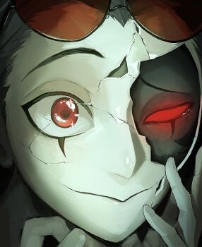 1boy black_hair boruzoi-shi colored_sclera demon_boy eyewear_on_head glowing glowing_eyes hand_up hands_up hellaverse helluva_boss male_focus owl_boy red_eyes red_sclera short_hair smile solo stolas_(helluva_boss) sunglasses tears tinted_eyewear