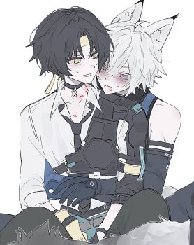 Rule 34 | 2boys, animal ears, asaba harumasa, asymmetrical gloves, bare shoulders, bite mark, bite mark on neck, black choker, black gloves, black hair, black necktie, blood, blood on chest, blood on neck, blue gloves, blue pants, blush, cat boy, cat ears, cat tail, choker, collarbone, crossed bangs, elbow gloves, fangs, gloves, grey tail, hair between eyes, hashtag-only commentary, headband, highres, kk90531875, looking at another, male focus, mismatched gloves, multiple boys, necktie, open mouth, pants, parted bangs, parted lips, pendant choker, police, police uniform, policeman, purple eyes, seth lowell, shirt, short hair, simple background, sitting, sweat, tail, white background, white hair, white shirt, yaoi, yellow eyes, yellow gloves, yellow headband, zenless zone zero