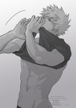 1boy abs absurdres arms_up bakugou_katsuki boku_no_hero_academia clothes_lift commentary cowboy_shot dressing fingernails greyscale highres looking_up male_focus monochrome multiple_scars navel oroshi_mi scar scar_on_arm scar_on_chest shirt_lift short_hair solo symbol-only_commentary toned toned_male watermark