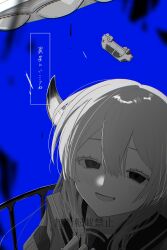 Rule 34 | 1girl, blue background, blurry, blurry foreground, blush, cat, cevio, debris, empty eyes, floating, floating object, greyscale with colored background, half-closed eyes, hand up, highres, hoikoro (kokekokko 0655), horns, isei ni ikou ne (cevio), long hair, looking at viewer, open mouth, railing, school uniform, serafuku, simple background, smile, solo, song name, ufo, upper body, watermark