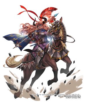 1girl armor axe barding battle_axe black_horns blue_cape blue_eyes braid breastplate breasts cape cleavage closed_mouth commentary_request cow_girl dagger dark_skin debris fantasy greaves hair_tie holding holding_axe horns horseback_riding knife light_smile mane medium_breasts minotaur moreshan official_art orange_hair original reins riding sheath sheathed side_braids sword_world sword_world_2.5 weapon white_background