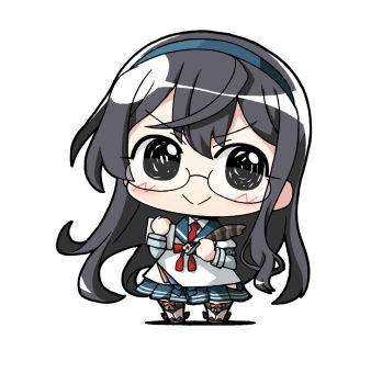 1girl :&gt; black_hair blue_hairband blue_sailor_collar blue_sailor_collarshir blue_skirt chibi chibi_only clipboard collared_shirt glasses hair_between_eyes hairband holding holding_quill kantai_collection long_hair long_sleeves looking_at_viewer necktie ooyodo_(kancolle) pleated_skirt quill red_necktie sailor_collar school_uniform serafuku shirt simple_background skirt smile solo white_background yagumo_kengou