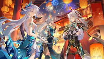 Rule 34 | 1boy, 2girls, animal ears, aqua dress, asymmetrical gloves, bare shoulders, black boots, black gloves, boots, bracelet, chinese commentary, closed mouth, commentary request, dress, feixiao (honkai: star rail), fireworks, fox ears, fox girl, gloves, grey hair, hand on own hip, hand up, highres, honkai: star rail, honkai (series), jewelry, jing yuan, long hair, looking at viewer, mismatched gloves, multiple girls, parted lips, partially fingerless gloves, peacock feathers hair ornament, red gloves, sleeveless, sleeveless dress, smile, standing, very long hair, white dress, xuanjilingzhu, yao guang (honkai: star rail)