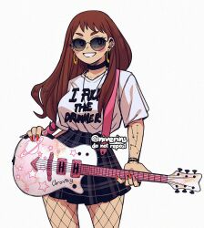 1girl boku_no_hero_academia breasts brown_hair choker dimples ear_piercing earrings female_focus fishnets guitar instrument jewelry large_breasts long_hair necklace niverins piercing skirt solo uraraka_ochako wristband