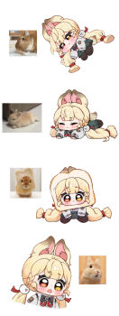 1girl :3 absurdres alice_thymefield animal_ears black_gloves black_pantyhose blonde_hair blush bread bread_slice chibi chibi_only closed_eyes closed_mouth commentary fingerless_gloves food gloves green_skirt hair_ornament heterochromia highres hue_oo in_food long_hair long_sleeves low_twintails lying multiple_views on_stomach open_mouth pantyhose photo-referenced pleated_skirt pom_pom_(clothes) pom_pom_hair_ornament rabbit_ears red_eyes reference_inset shirt simple_background skirt smile sphere_hair_ornament symbol-only_commentary toast twintails white_background white_shirt yellow_eyes zenless_zone_zero