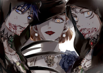 1girl 2boys alcina_dimitrescu alcina_dimitrescu_(cosplay) alternate_costume bela_dimitrescu bela_dimitrescu_(cosplay) black_dress black_hair black_headwear blood blood_from_mouth blue_eyes blue_flower blue_rose breasts brown_eyes brown_hair claws cleavage closed_mouth commentary_request corsage cosplay daniela_dimitrescu daniela_dimitrescu_(cosplay) dress earrings eyelashes facial_mark flower fushiguro_megumi gloves hair_between_eyes hand_up hat hood itadori_yuuji jewelry jujutsu_kaisen kugisaki_nobara large_breasts lipstick looking_at_viewer makeup multiple_boys necklace nori20170709 one_eye_covered pearl_earrings pearl_necklace pink_hair red_lips resident_evil resident_evil_village rose short_hair simple_background spiked_hair weapon white_background white_dress