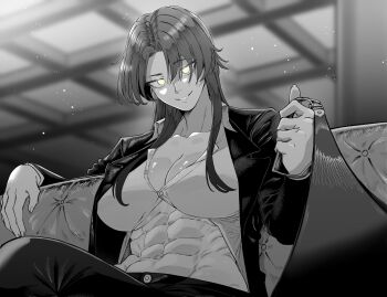 1girl abs breasts ceiling cleavage collar couch formal_clothes glowing glowing_eyes highres holding holding_leash jacket large_breasts leash long_hair looking_at_viewer muscular muscular_female no_pupils on_couch open_clothes open_jacket open_shirt original shimizu_ginkaku smile solo suit