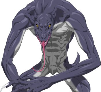 1boy 2000s_(style) abs claws colored_skin furry game_asset gema_(mahou_senshi) lizard_tail long_tongue mahou_senshi_(series) mahou_senshi_symphonic_knights male_focus muscular no_humans non-web_source official_art open_mouth own_hands_together saitou_natsuki self-datamine sharp_teeth simple_background solo tachi-e tail teeth tongue tongue_out transparent_background variant_set white_background yellow_eyes