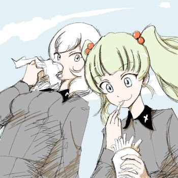 Rule 34 | 2girls, alternate hair color, black hat, black jacket, black skirt, blue eyes, brown hair, ebitama (ebitamamix), garrison cap, girls und panzer, girls und panzer phase erika, grey shirt, hair tie, hat, highres, itsumi erika, jacket, kuromorimine military uniform, kuromorimine school uniform, long hair, miniskirt, multiple girls, orange hair, red skirt, rou leila, school uniform, shirt, skirt, twintails