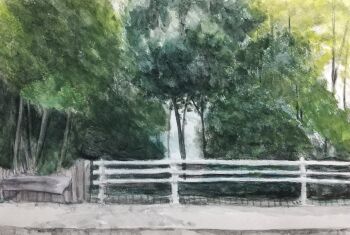commentary concrete day fence forest harusa1107 highres nature no_humans original outdoors painting_(medium) scenery sidewalk symbol-only_commentary traditional_media tree watercolor_(medium) wooden_wall