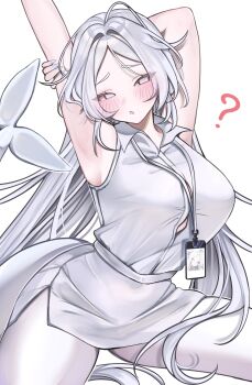 1girl :o ? absurdres arm_behind_back arm_up armpits blush borrowed_character breasts commentary cowboy_shot fins fish_girl fish_tail highres id_card lanyard large_breasts long_hair looking_at_viewer open_mouth original pantyhose parted_bangs rosheil shirt shirt_tucked_in side_slit simple_background skirt sleeveless sleeveless_shirt solo symbol-only_commentary tail white_background white_eyes white_hair white_pantyhose white_shirt white_skirt