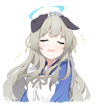 Rule 34 | 1girl, animal ears, apron, blue archive, blue kimono, blush, closed eyes, cropped torso, facing viewer, foulo paints, grey hair, hair ribbon, halo, highres, japanese clothes, kimono, long hair, maid headdress, open mouth, orange ribbon, ribbon, simple background, solo, umika (blue archive), upper body, white apron, white background
