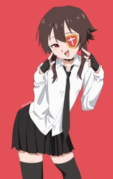 1girl alternate_costume animated animated_gif belt_collar black_gloves black_hair black_necktie black_skirt black_thighhighs blush collar collared_shirt commentary english_commentary eyepatch fingerless_gloves gloves highres kono_subarashii_sekai_ni_shukufuku_wo! leaning_forward looking_at_viewer megumin necktie pleated_skirt red_background red_eyes shirt short_hair_with_long_locks simple_background skirt solo standing thighhighs waligner white_shirt winking_(animated)