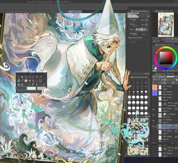 1boy aqua_cloak blue_eyes clip_studio_paint clip_studio_paint_(medium) cloak closed_mouth commentary_request conical_hat finger_to_mouth fourth_wall glasses hat hat_tassel long_sleeves magic male_focus pince-nez qifrey_(tongari_boushi_no_atelier) round_eyewear short_hair shushing silly_chaotic smile solo through_medium tongari_boushi_no_atelier user_interface waves white_hair wizard wizard_hat