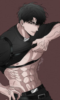 1boy abs black_eyes black_hair black_shirt chest_belt clothes_lift cowboy_shot crew_neck curtained_hair expressionless hashtag-only_commentary highres maga_mok23 male_focus muscular muscular_male nipples omniscient_reader&#039;s_viewpoint pectorals shirt shirt_lift short_hair solo veins yoo_joonghyuk