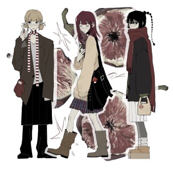 3girls :< aegyo_sal ankle_boots ankle_socks arm_at_side artist_name bag bag_charm black_bag black_boots black_coat black_eyes black_hair black_pants black_skirt blazer blonde_hair blue_skirt blunt_bangs boots brown_boots brown_jacket cardigan cellphone charm_(object) closed_mouth coat commentary double_bun duffel_coat facing_viewer fashion fig fly_agaric food_charm food_print fringe_trim from_side fruit_background full_body fur_bag fur_boots gloves green_shirt grey_pantyhose hair_bun handbag high_ponytail highres hime_cut holding holding_bag holding_phone inward_flipped_hair jacket jinjeocompote lace lace-trimmed_shirt lace_trim long_hair loose_socks medium_skirt multi-tied_hair multiple_girls mushroom mushroom_print o3o open_clothes open_coat open_jacket original outline oversized_jacket pale_skin pants pants_under_skirt pantyhose phone plaid_clothes plaid_skirt pleated_skirt ponytail red_gloves red_hair red_scarf scarf scarf_over_mouth shirt short_eyebrows shoulder_bag sideways_glance skirt sleeves_past_fingers sleeves_past_wrists smartphone socks socks_over_pantyhose standing star_(symbol) star_print star_symbol_background streetwear striped_clothes striped_scarf symbol-only_commentary thin_scarf two-tone_scarf ugg_boots unworn_gloves v-neck very_low_bun walking white_background white_outline white_scarf white_shirt white_skirt winter_gloves wispy_bangs yellow_cardigan