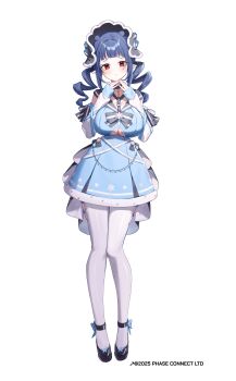 1girl absurdres black_sailor_collar black_shoes blue_bow blue_dress blue_hair bow breasts closed_mouth clothing_cutout commentary copyright_notice dizzy_dokuro double_bun dress english_commentary footwear_bow full_body hair_bun highres long_hair phase_connect pointy_ears red_eyes sailor_collar shoes sleeves_past_wrists snowflake_print solo taiyaki12 underboob_cutout virtual_youtuber white_background