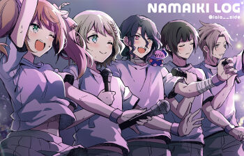5boys :d aqua_eyes asselin_bb_ii black_hair brown_eyes brown_hair cafe_parade_(idolmaster) closed_eyes commentary_request crossdressing crossdressing_(mtf) green_eyes green_hair grin heterochromia highres holding holding_microphone ia_(namaiki) idolmaster idolmaster_side-m kamiya_yukihiro long_hair male_focus microphone mizushima_saki multiple_boys one_eye_closed open_mouth pink_eyes shinonome_soichiro shirt short_sleeves short_twintails smile trap twintails uzuki_makio yellow_eyes