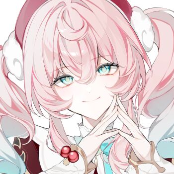 1girl dress green_eyes green_hair hashtag-only_commentary hat highres honkai:_star_rail honkai_(series) hyacine_(honkai:_star_rail) looking_at_viewer pink_hair red_dress red_hat short_twintails smile solo twintails upper_body v_uo0zzz