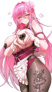 Rule 34 | 1girl, absurdres, apron, blush, breasts, brown pantyhose, commentary request, ear piercing, fingernails, goddess of victory: nikke, green eyes, hair between eyes, heart, heart pasties, highres, jindogod, large breasts, long hair, looking at viewer, mole, mole on breast, mole under eye, nail polish, pantyhose, pasties, piercing, pink hair, pink nails, simple background, smile, solo, velvet (nikke), very long hair, white apron, white background
