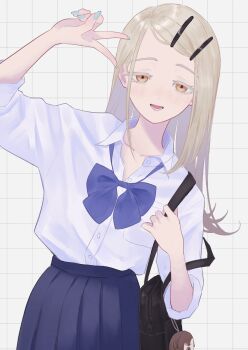 1girl absurdres bag bag_charm black_bag black_skirt blonde_hair blue_bow blue_bowtie blue_nails bow bowtie breast_pocket character_doll charm_(object) chibigurumi collarbone collared_shirt colored_eyelashes commentary_request doll dress_shirt fingernails flipped_hair gakuen_idolmaster gyaru hair_ornament hairclip hand_up highres idolmaster inase_(1na1000) kuramoto_china long_hair looking_at_viewer loose_bowtie nail_polish open_collar open_mouth orange_eyes parallel_hairclips pleated_skirt pocket school_bag school_uniform shinosawa_hiro shirt shirt_tucked_in shoulder_bag skirt solo swept_bangs upper_body white_shirt