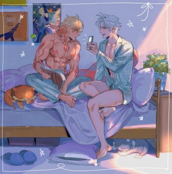 2boys abs alternate_costume arm_tattoo barefoot bed bed_sheet bedroom blue_pajamas blue_pants blue_shirt book boxers bunnyclvb cellphone chest_tattoo chimera_(honkai:_star_rail) closed_eyes collared_shirt facial_tattoo from_side full_body grey_male_underwear hand_up holding holding_book holding_phone honkai:_star_rail honkai_(series) indian_style indoors long_sleeves looking_at_screen male_focus male_underwear multiple_boys mydei_(fig_stew)_(honkai:_star_rail) mydei_(honkai:_star_rail) nipples notice_lines on_bed open_book open_clothes open_mouth open_shirt pajamas pants parted_bangs phainon_(honkai:_star_rail) phainon_(vigethos)_(honkai:_star_rail) phone pillow plaid_clothes plaid_pants plaid_shirt plant poster_(object) potted_plant profile red_tattoo serval_landau shirt short_hair sitting slice_of_life slippers smartphone smile star_(symbol) tattoo toned toned_male topless_male underwear unworn_slippers white_hair