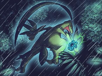 absurdres colored_skin full_body gen_3_pokemon green_skin grovyle highres holding leaf nintendo no_humans outdoors pokemon pokemon_(creature) rain sofnas solo tree