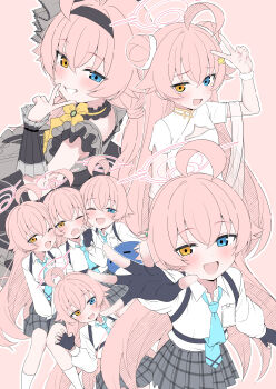 1girl absurdres ahoge black_gloves blue_archive blue_eyes blue_necktie commentary_request cosplay fang fingerless_gloves gloves halo heterochromia highres hoshino_(blue_archive) long_hair mari_(blue_archive) mari_(blue_archive)_(cosplay) mari_(idol)_(blue_archive) mistel_(sukebemistel) multiple_views necktie outline pink_background pink_hair pink_halo shirt skirt smile white_outline white_shirt yellow_eyes