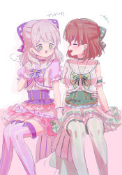 Rule 34 | 2girls, :3, bang dream!, blue eyes, bow, breasts, brown hair, choker, closed eyes, commentary request, dress, earrings, gloves, green bow, green choker, green dress, green theme, grey hair, hair bow, highres, holding hands, interlocked fingers, invisible chair, jewelry, long hair, medium breasts, meu203, multiple girls, open mouth, pink background, pink dress, puff of air, puffy short sleeves, puffy sleeves, purple bow, purple choker, purple thighhighs, short hair, short sleeves, sitting, small breasts, star (symbol), thighhighs, two-tone background, wakamiya eve, white background, white gloves, yamato maya, yuri