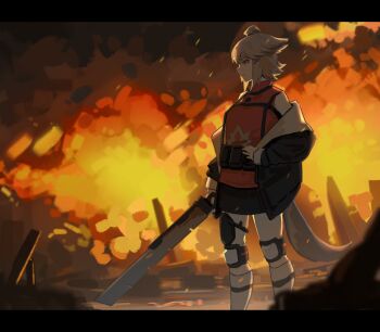 1girl ahoge animal_ears arknights black_jacket black_skirt brown_hair closed_mouth commentary cutter_(arknights) explosion feet_out_of_frame fire fox_ears fox_girl fox_tail grey_hair hair_between_eyes hand_on_own_hip holding holding_sword holding_weapon jacket knee_pads letterboxed long_sleeves lumirumi off_shoulder open_clothes open_jacket profile puffy_long_sleeves puffy_sleeves red_eyes red_shirt shirt skirt sleeveless sleeveless_shirt socks solo standing sword tail weapon
