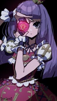 Rule 34 | 1girl, aikatsu!, aikatsu! (series), apple, black background, blunt bangs, commentary request, cowboy shot, dress, food, fruit, hands up, highres, hikami sumire, holding, holding food, holding fruit, idol clothes, keyhole, lolita fashion, long hair, looking at viewer, neck ribbon, one eye covered, print dress, puffy short sleeves, puffy sleeves, purple eyes, purple hair, red dress, ribbon, short sleeves, simple background, solo, soroe katsuo, standing, wrist cuffs