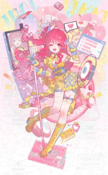 1girl arm_ribbon belt blue_belt blue_choker blue_corset blue_dress blue_gloves blue_ribbon blue_shorts boots bow bowtie brooch brown_eyes cellphone character_name chinese_commentary choker commentary_request commission corset cosmetics dress eyelashes feather_hair_ornament feathers fingerless_gloves flip_phone frilled_gloves frills full_body gloves gradient_background hair_between_eyes hair_ornament hair_ribbon halftone halftone_background happy headset heart high_heel_boots high_heels highres holding holding_microphone_stand idol infinity_nikki jewelry knee_boots lace-up_boots leg_up light_blush long_hair microphone microphone_stand mizemengs musical_note nikki_(nikki) nikki_(series) official_alternate_color one_eye_closed one_side_up open_mouth phone pink_background pink_hair plaid_clothes plaid_dress radio ribbon sample_watermark shorts shorts_under_dress sidelocks smile solo speech_bubble spoken_heart starry_nocturne_(infinity_nikki) strapless strapless_dress thigh_belt thigh_strap two-tone_background two-tone_dress v very_long_hair watermark watermark_grid wavy_hair white_background yellow_belt yellow_boots yellow_bow yellow_bowtie yellow_dress yellow_ribbon