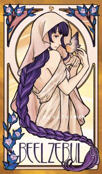 1girl alternate_costume art_nouveau artist_name back bare_shoulders bird bird_on_hand blunt_bangs braid card_(medium) character_name commentary cosplay dawn dress english_commentary english_text flower from_behind from_side genshin_impact highres hood hood_up long_braid looking_at_viewer looking_to_the_side lostkimin mole mole_under_eye multicolored_hair off_shoulder orange_sky pink_lips purple_eyes raiden_shogun single_braid sky solo spoilers standing statue_of_the_seven statue_of_the_seven_(cosplay) streaked_hair sunset upper_body white_dress