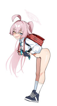 1girl absurdres ahoge aqua_necktie backpack bag bent_over black_gloves black_shoes blue_archive blush bottomless chest_harness chinese_commentary commentary fang fingerless_gloves gloves halo harness heterochromia highres hoshino_(blue_archive) id_card kaminari_(edeath) leaning_forward loli long_hair looking_at_viewer looking_to_the_side necktie pink_hair ponytail randoseru red_bag shirt shoes simple_background smile sneakers socks solo very_long_hair white_background white_shirt white_socks