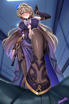 1boy 1girl blush breasts brown_pantyhose captain_(honkai_impact) cleavage dress feet foot_focus from_below gloves gun handgun highres holding holding_gun holding_weapon honkai_(series) honkai_impact_3rd large_breasts legs looking_at_viewer looking_down mole mole_under_eye pantyhose purple_dress purple_eyes purple_gloves rita_rossweisse rita_rossweisse_(miss_espionage) shoejob single_glove solo_focus weapon zero130rider