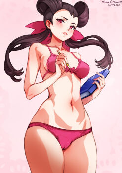 1girl artist_name bikini book breasts collarbone dated hair_rings highres holding holding_book holding_pencil mina_cream nintendo pencil pink_background pokemon pokemon_oras red_bikini red_eyes roxanne_(pokemon) solo swimsuit