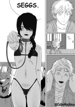 1boy 1girl bdsm bikini black_bikini black_hair blonde_hair braid breasts cameltoe chainsaw_man collar comic cutiemachina denji_(chainsaw_man) dog english_text greyscale highres holding holding_leash leash loli looking_at_viewer meme monochrome nayuta_(chainsaw_man) open_mouth petite pointing pointing_at_viewer ringed_eyes seggs_(meme) sharp_teeth short_hair single_braid slave small_breasts speech_bubble swimsuit teeth