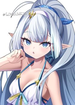 1girl 4rion :o absurdres ahoge bikini blue_eyes blue_ribbon blunt_bangs blunt_ends blush breasts cleavage collarbone commentary eyelashes female_tyrant_(stella_sora) grey_hair hair_ribbon hairband halterneck hand_up highres huge_ahoge long_hair long_pointy_ears looking_at_viewer medium_breasts open_mouth pointy_ears ponytail purple_hairband ribbon sidelocks solo stella_sora swimsuit tsurime twitter_username tyrant_(stella_sora) upper_body very_long_hair white_bikini