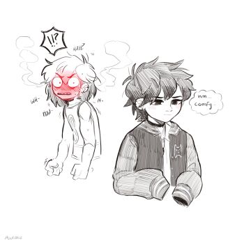 !? 2022 2boys alternate_costume alternate_universe antenna_hair blush closed_mouth commentary double-parted_bangs ear_piercing english_commentary english_text full-face_blush greyscale hair_between_eyes highres kel_(faraway)_(omori) kel_(omori) long_sleeves madnopost male_focus monochrome multiple_boys omori parted_lips piercing sharp_teeth short_hair sleeves_past_fingers sleeves_past_wrists smile speech_bubble spoken_interrobang spot_color sunny_(omori) teeth thought_bubble upper_teeth_only yaoi