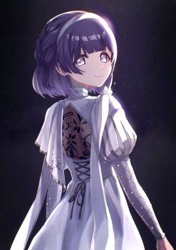 1girl absurdres blush closed_mouth commentary_request dress from_behind gakuen_idolmaster grey_eyes hairband hataya_misuzu highres idolmaster juliet_sleeves long_sleeves looking_at_viewer looking_back mochiusasa mole mole_under_mouth puff_and_slash_sleeves puffy_sleeves purple_hair smile solo white_dress white_hairband